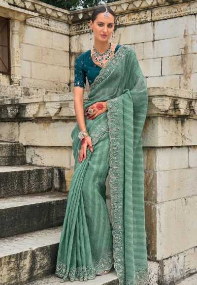 Sea green tissue saree with blouse 7703