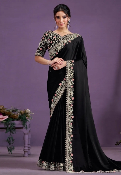 Black satin silk saree with blouse 24810