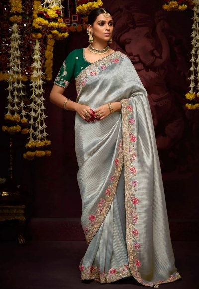 Grey banarasi saree with blouse 348