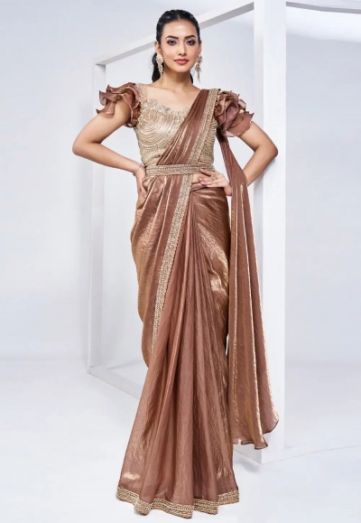 Brown satin silk plain saree with designer blouse 24907