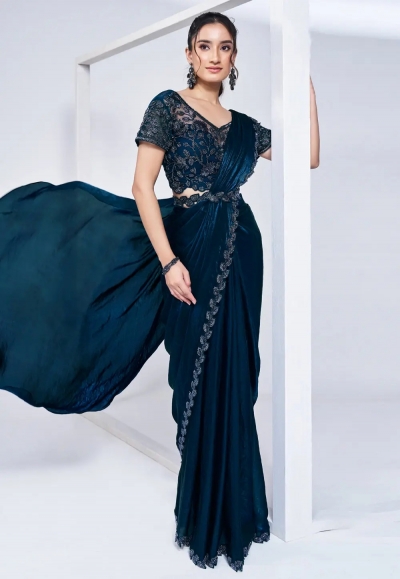 Teal satin silk designer lehenga saree 24913
