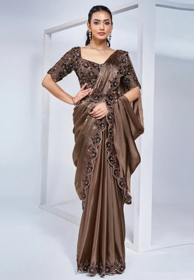 Brown crepe saree with blouse 24914