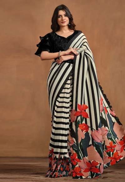Cream satin silk designer saree 24410
