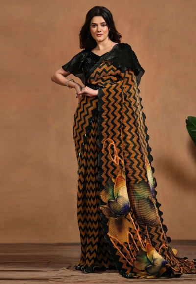 Brown satin silk designer saree 24414