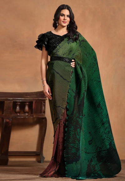 Green satin silk saree with blouse 24409