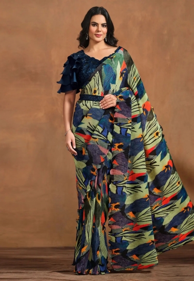 Pista green satin silk saree with blouse 24413