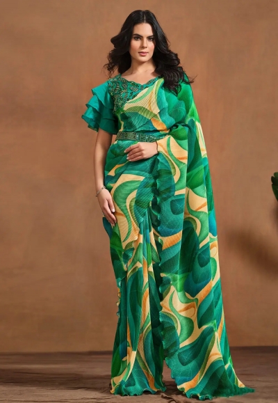 Green satin silk saree with blouse 24411