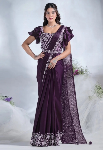 Purple crepe plain saree with designer blouse 24608