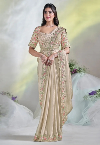 Beige satin silk saree with blouse 24610
