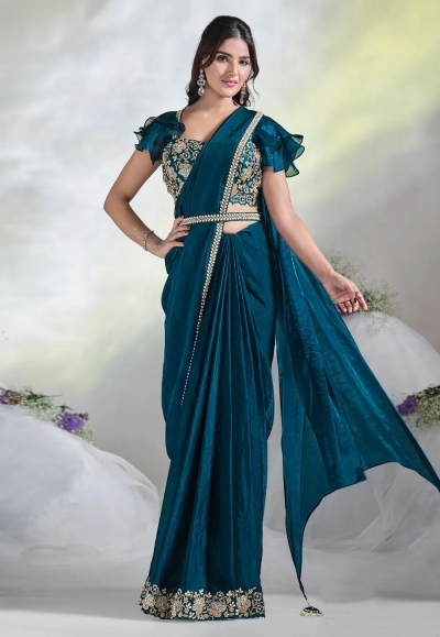 Teal satin silk saree with blouse 24616
