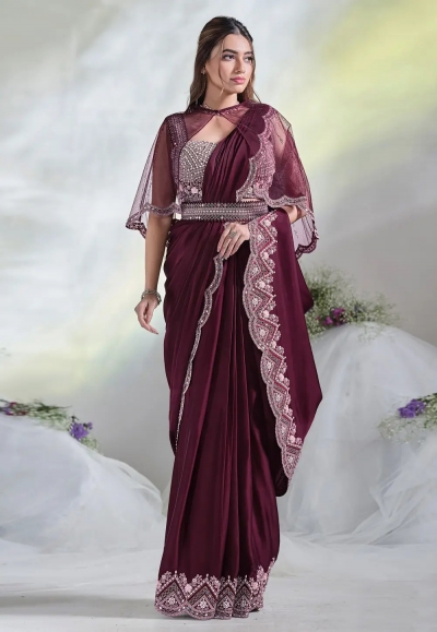 Wine crepe designer saree 24617