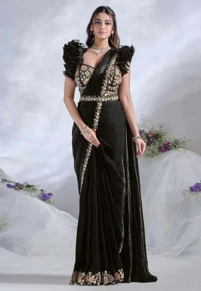 Black satin silk plain saree with designer blouse 24609