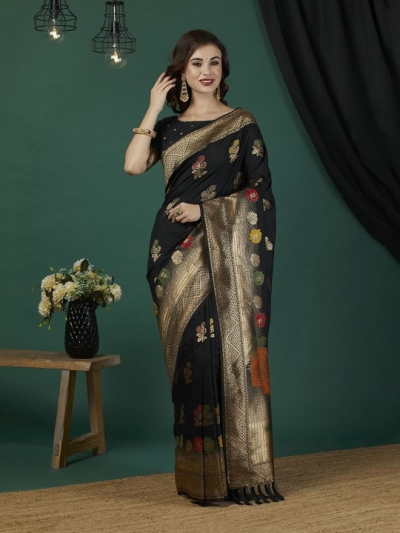 Black Pure dola banarasi silk zari woven wedding saree with blouse