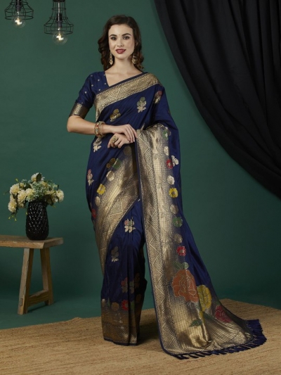 Blue Pure dola banarasi silk zari woven wedding saree with blouse