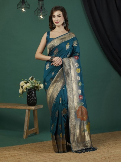 Teal Pure dola banarasi silk zari woven wedding saree with blouse