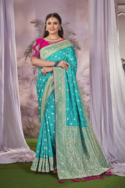 Blue and Pink Pure banarasi silk zari woven wedding saree with blouse