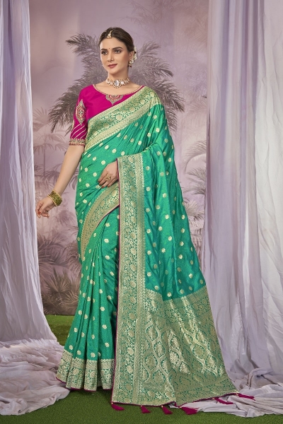 Turquoise and Pink Pure banarasi silk zari woven wedding saree with blouse