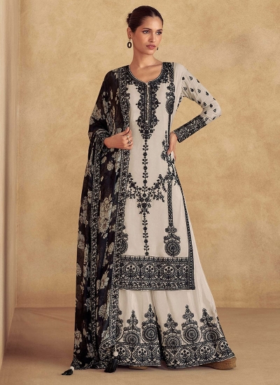 Chinnon silk embroidered Pakistani style palazzo suit in Off white colour 10071