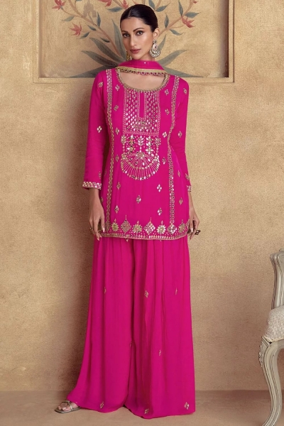 Chinnon silk embroidered wedding wear palazzo suit in Pink colour 10091