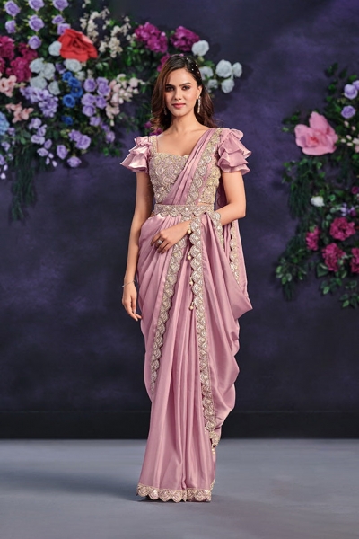 Pink satin crepe silk sequins embroidered saree with readymade blouse 24114
