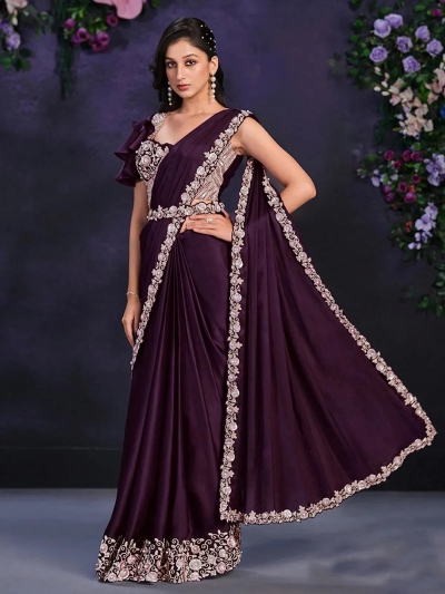 Wine satin crepe silk sequins embroidered saree with readymade blouse 24105