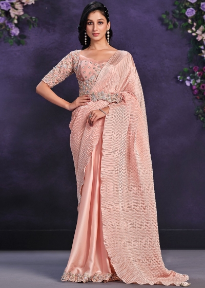 Peach crushed crepe silk sequins embroidered saree with readymade blouse 24112