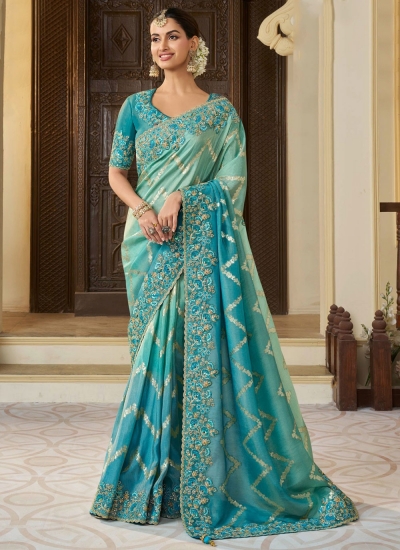Turquoise shaded tissue silk embroidered wedding saree with blouse 8408A