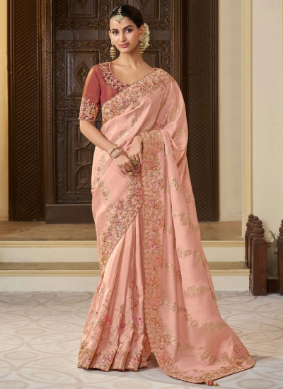 Peach tissue silk embroidered wedding saree with blouse 8411A