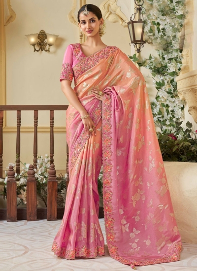 Shaded Peach tissue silk embroidered wedding saree with blouse 8407A