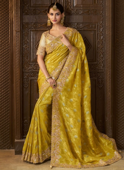 Mustuard tissue silk embroidered wedding saree with blouse 8402C