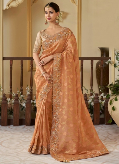 Orange tissue silk embroidered wedding saree with blouse 8402A