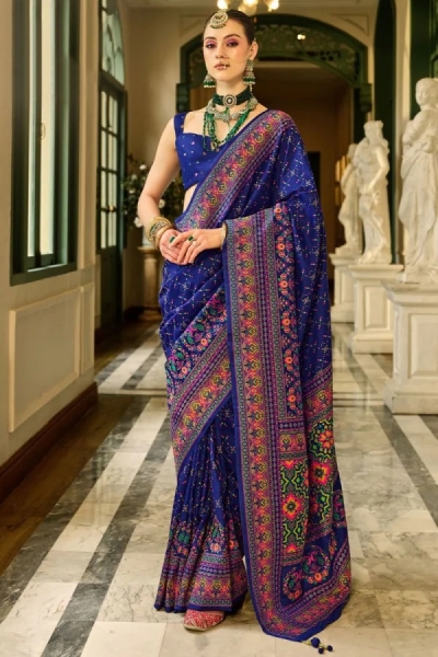 Blue banarasi silk kashmiri design woven wedding saree with blouse K405