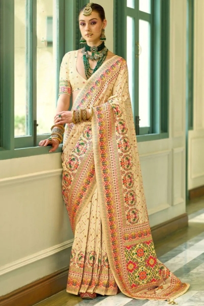 Cream banarasi silk kashmiri design woven wedding saree with blouse K408