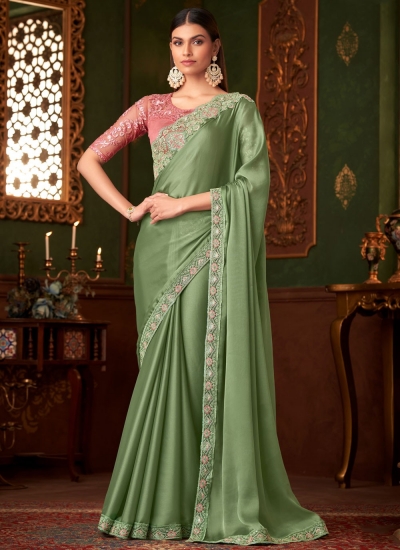Mint green and peach satin sequins embroidered wedding saree with blouse 1403