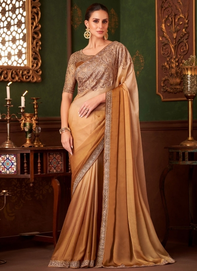 Golden shaded satin chiffon sequins embroidered wedding saree with blouse 1404