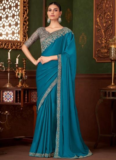 Teal blue silk chiffon sequins embroidered wedding saree with blouse 1405