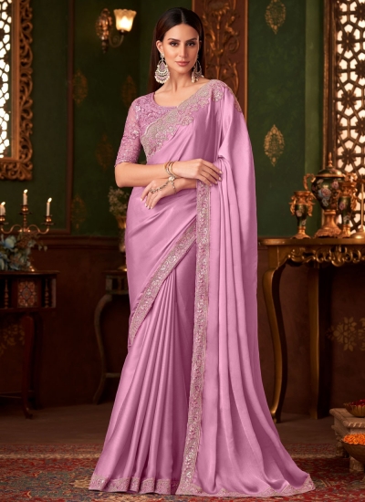 Pink silk chiffon sequins embroidered wedding saree with blouse 1406