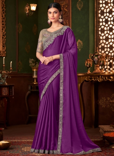 Wine silk chiffon sequins embroidered wedding saree with blouse 1407