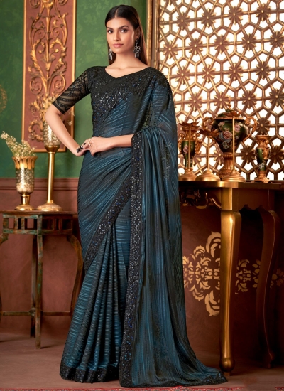 Blue and black shaded silk pattern sequins embroidered wedding saree with blouse 1411