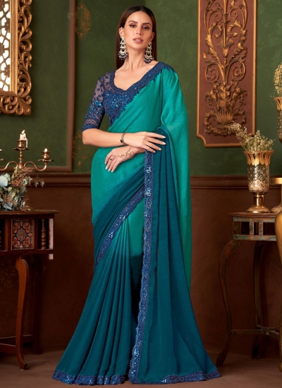 Turquoise blue shaded satin chiffon sequins embroidered wedding saree with blouse 1414