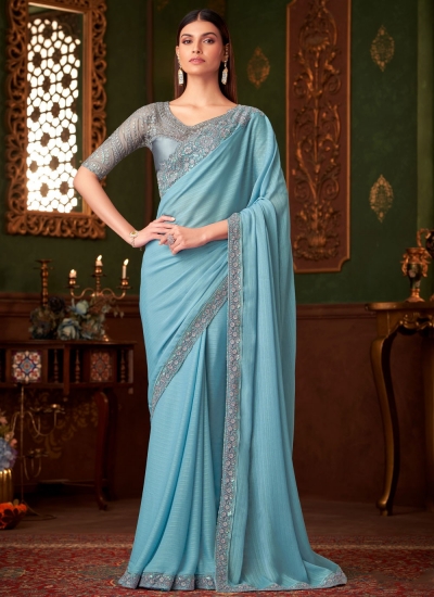 Powder blue satin rainbow zari embroidered wedding saree with blouse 1415