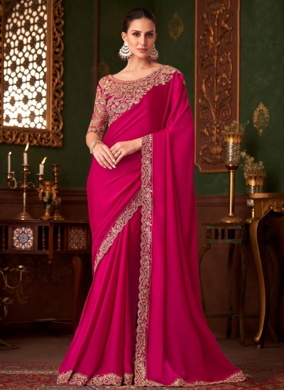 Rani satin silk sequins mbroidered wedding saree with blouse 1416
