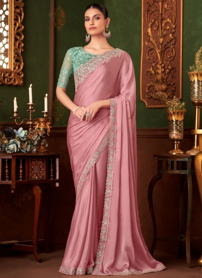 Powder pink silk chiffon sequins mbroidered wedding saree with blouse 1417