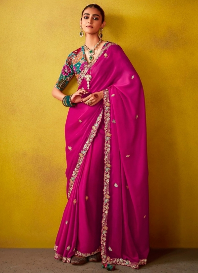 Rani glass tissue sequins embroidered wedding saree with blouse 2154