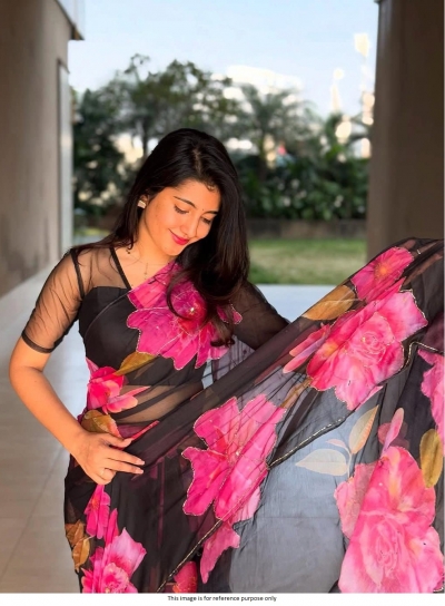 Bollywood Model handwork floral digial print organza saree in Black