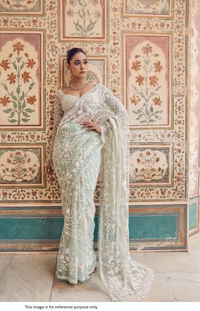 Bollywood Model aqua green net sequins embroidered saree