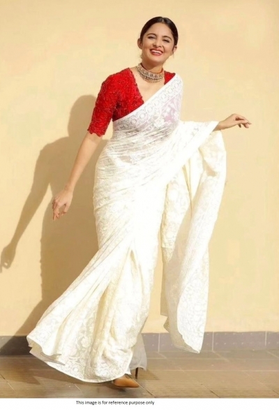 Bollywood Model white and red georgette multi embroidery sequins saree
