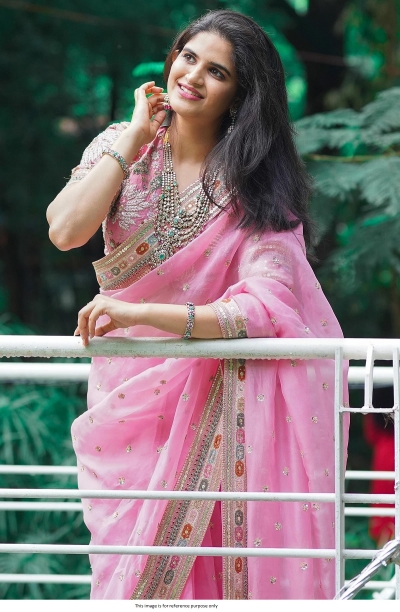 Bollywood Model Rose tissue organza silk sequins embroidery saree
