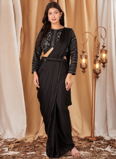 Black chinnon embroidered ready to wear wedding saree with blouse 102091D