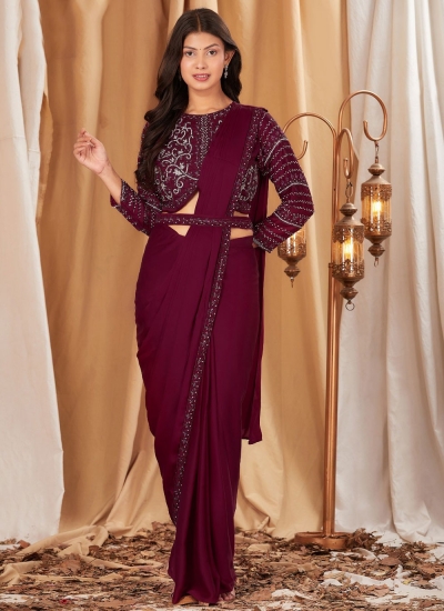 Maroon chinnon embroidered ready to wear wedding saree with blouse 102091A